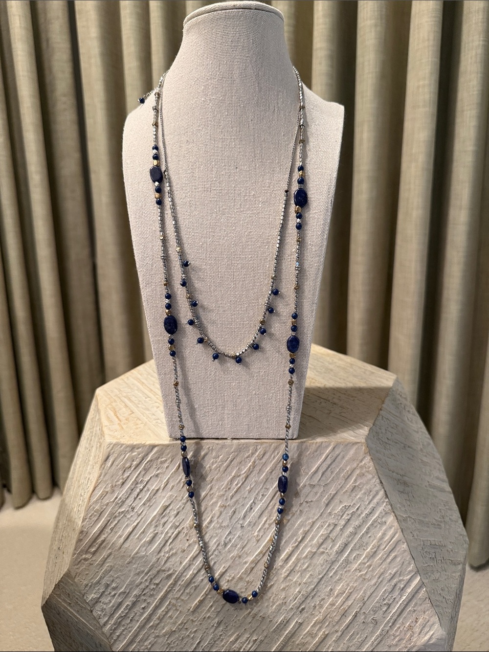 Double Strand Lapis Lazuli and Silver Beaded Necklace